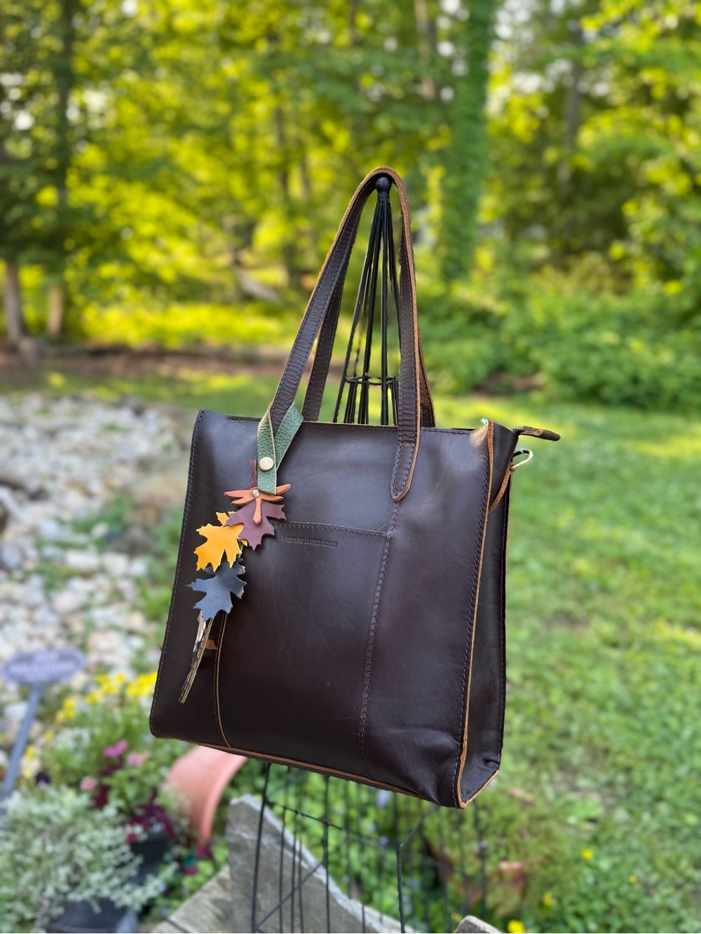 Classic Chocolate Brown Leather Tote with Leaf Charm